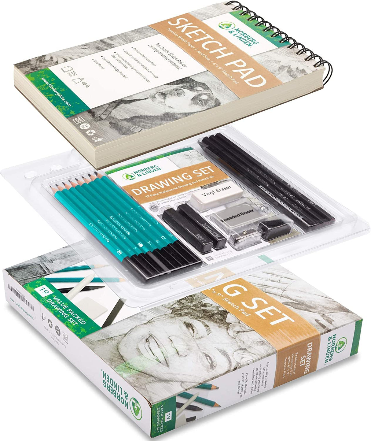 Norberg & Linden Drawing Set - Sketching and Charcoal Pencils - 100 Page Drawing Pad, Kneaded Eraser. Art Kit and Supplies for Kids, Teens and Adults Norberg & Linden