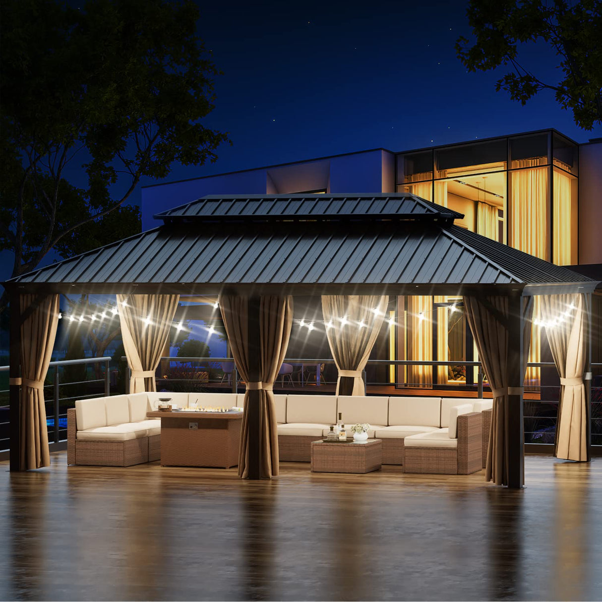 oneinmil 12x20FT Outdoor Gazebo, Heavy Duty Metal Double Roof Hardtop Gazebo with Aluminum Frame and Netting and Curtains for Patios oneinmil