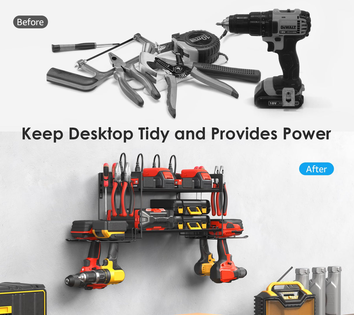 CCCEI Garage Tools Storage with Charging Station. Power Tool Battery Organizer Utility Shelf with Power Strip. 4 Drills Holder Wall Mount Rack, CCCEI