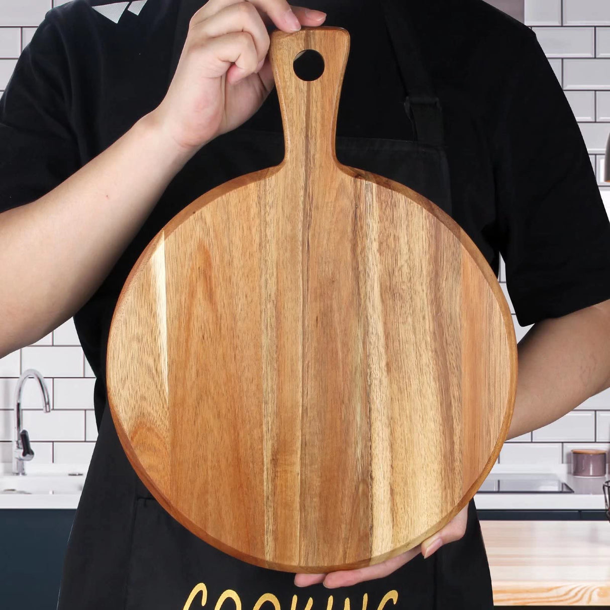 Acacia Wood Cutting Board with Handle Wooden Chopping Board Round Paddle Cutting Board for Meat Bread Serving Board Charcuterie Boards Chopping Ayiaren