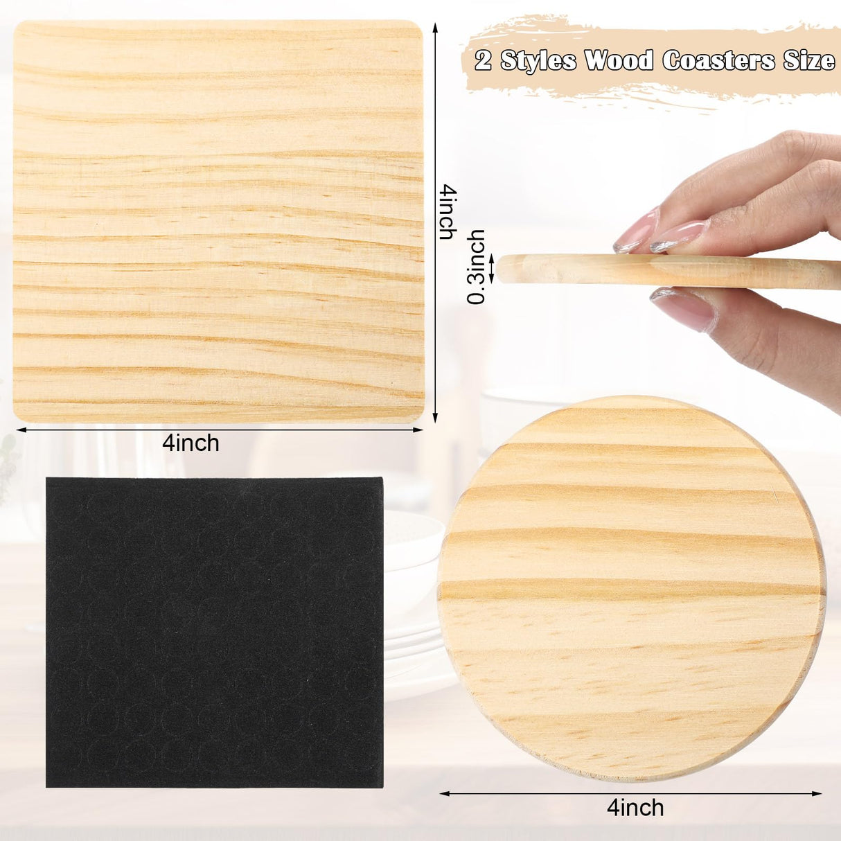 Hushee 72 Pcs Unfinished Wood Coasters 4 Inch Blank Wooden Coasters for Crafts with Non Slip Foam Pad Stickers Wooden Craft Coasters for DIY Stained Hushee