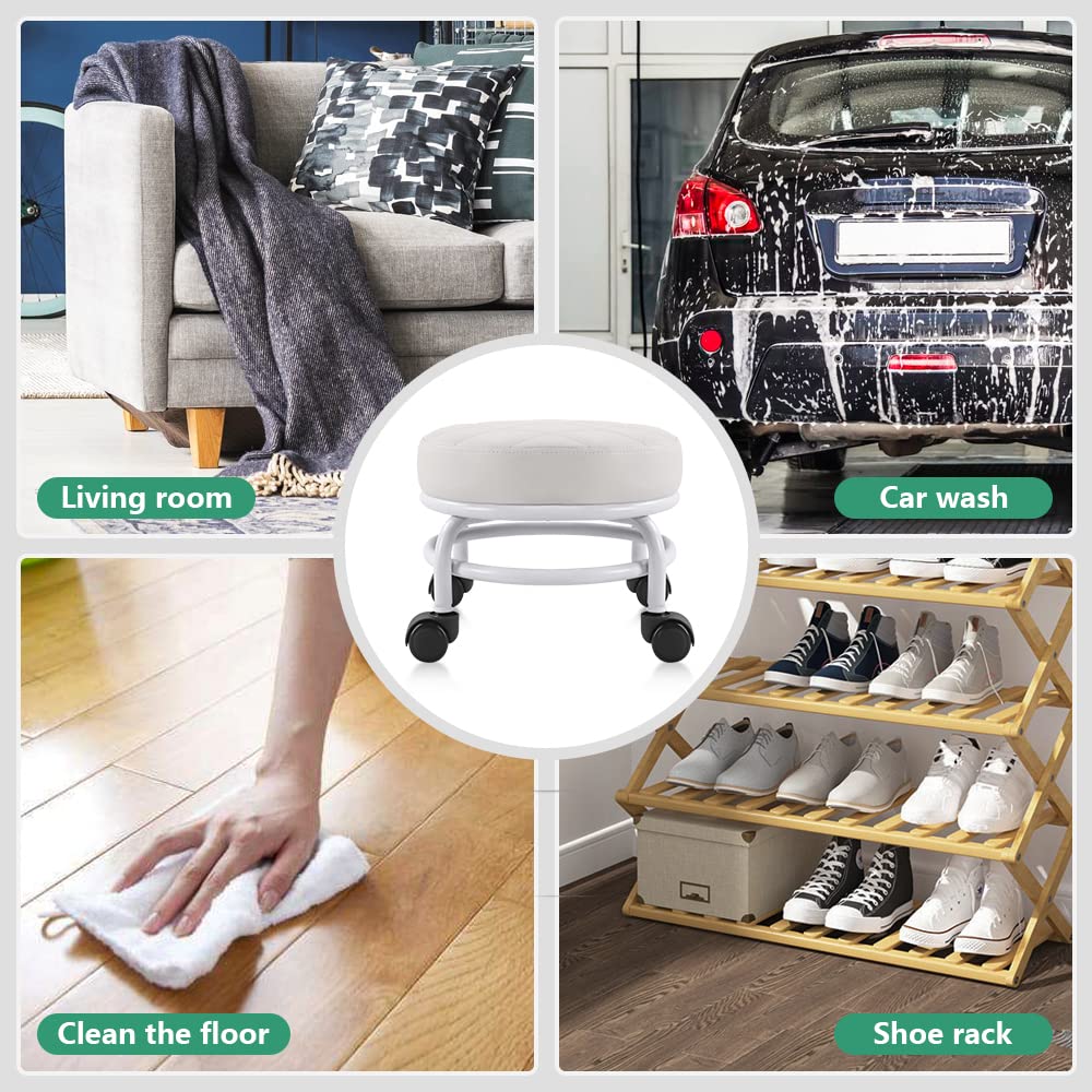 FURWOO Low Roller Seat PU Leather Rolling Stool Step Stool Mechanic Stool on Wheels for Home Office Garage Shop White FURWOO