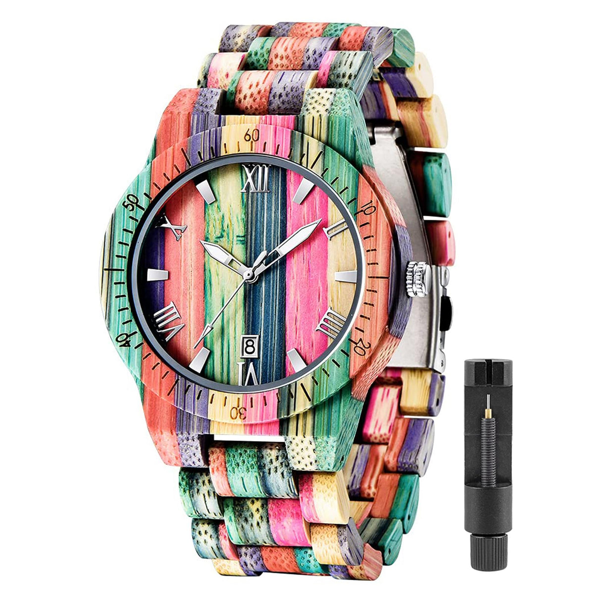 Tiong Brand Wooden Watches Mens with Handmade Colorful Bamboo Wood Watch Analog Date Quartz Wooden Watch for Men Tiong