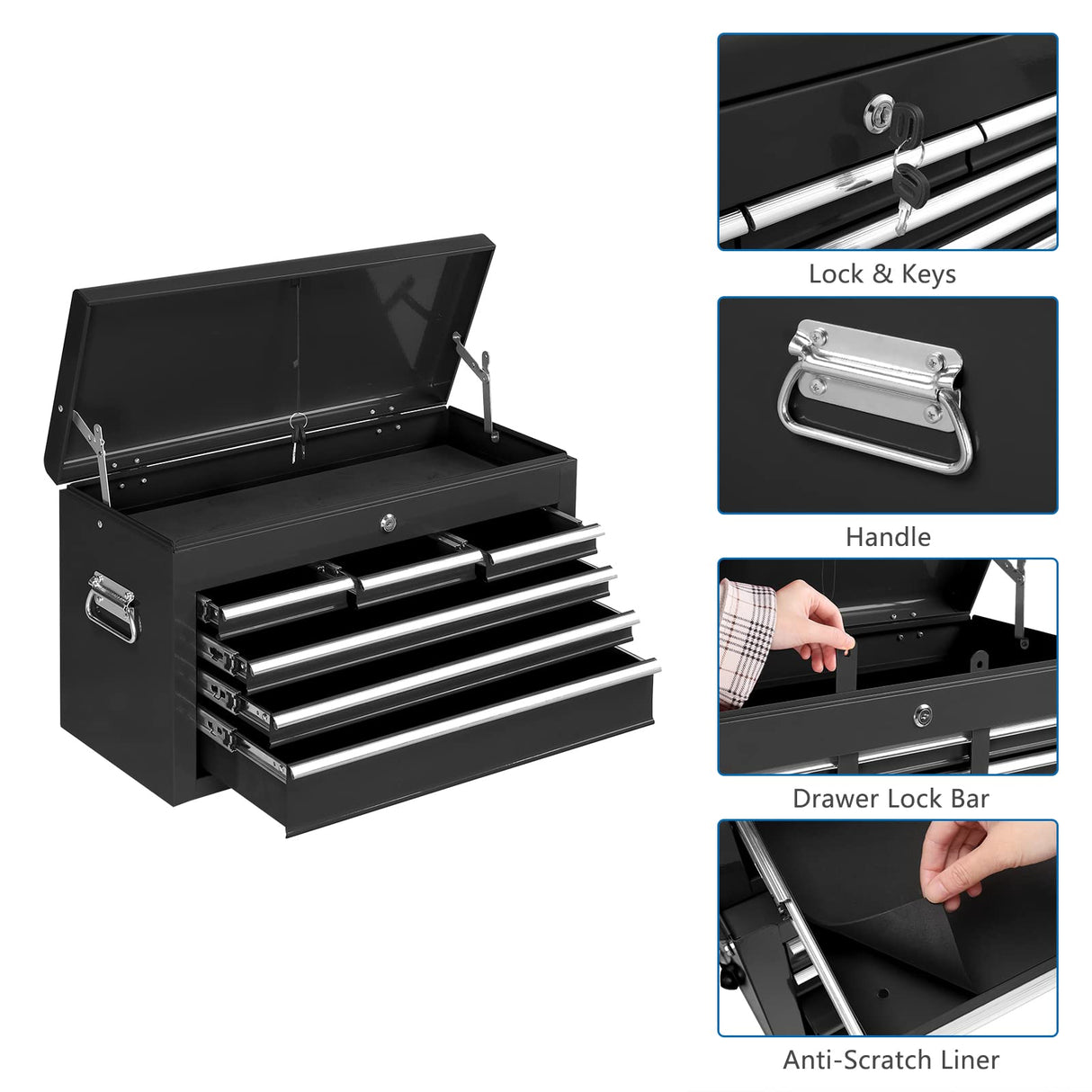 TUFFIOM 8-Drawer Rolling Tool Chest w/Lock & Key, Tool Storage Cabinet w/Wheels, Detachable Top, Drawers & Drawer Liners, Tool Organizer Box for TUFFIOM