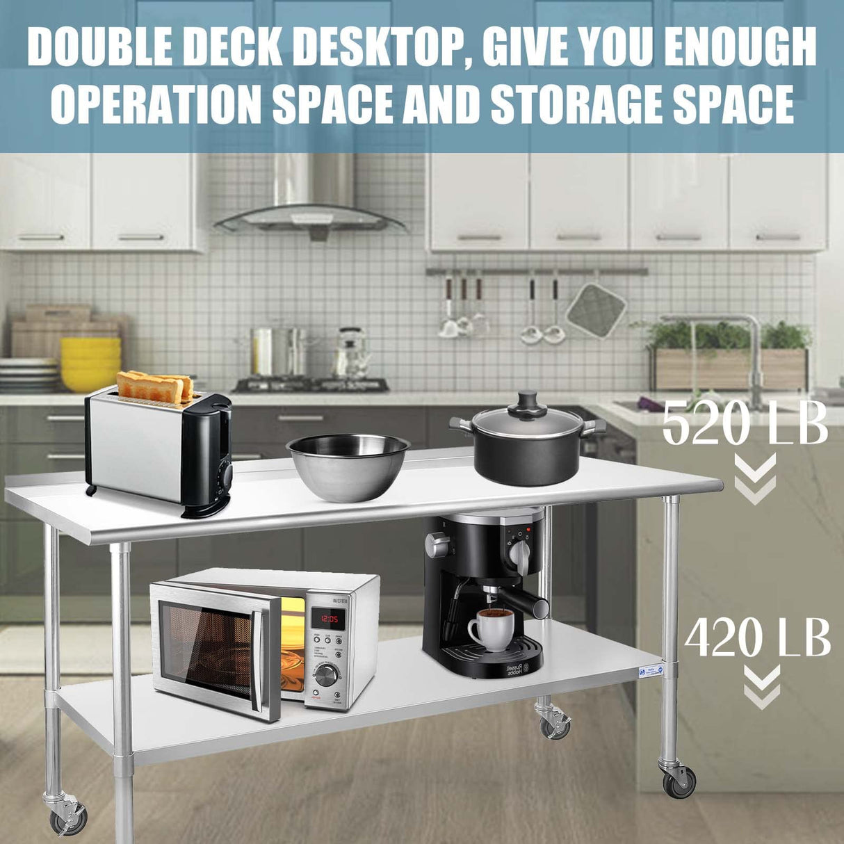 Hally Stainless Steel Table for Prep & Work 24 x 72 Inches with Caster Wheels, NSF Commercial Heavy Duty Table with Undershelf and Backsplash for HALLY SINKS & TABLES H