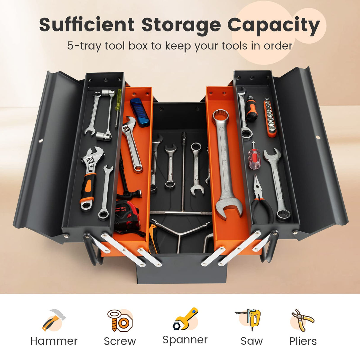 S AFSTAR 22 Inches Tool Box, 3-Layer 5-Tray Metal Toolbox w/Full-Length Handles & Lock Hole Design, Portable Storage Toolbox, Folding Tool Organizer S AFSTAR