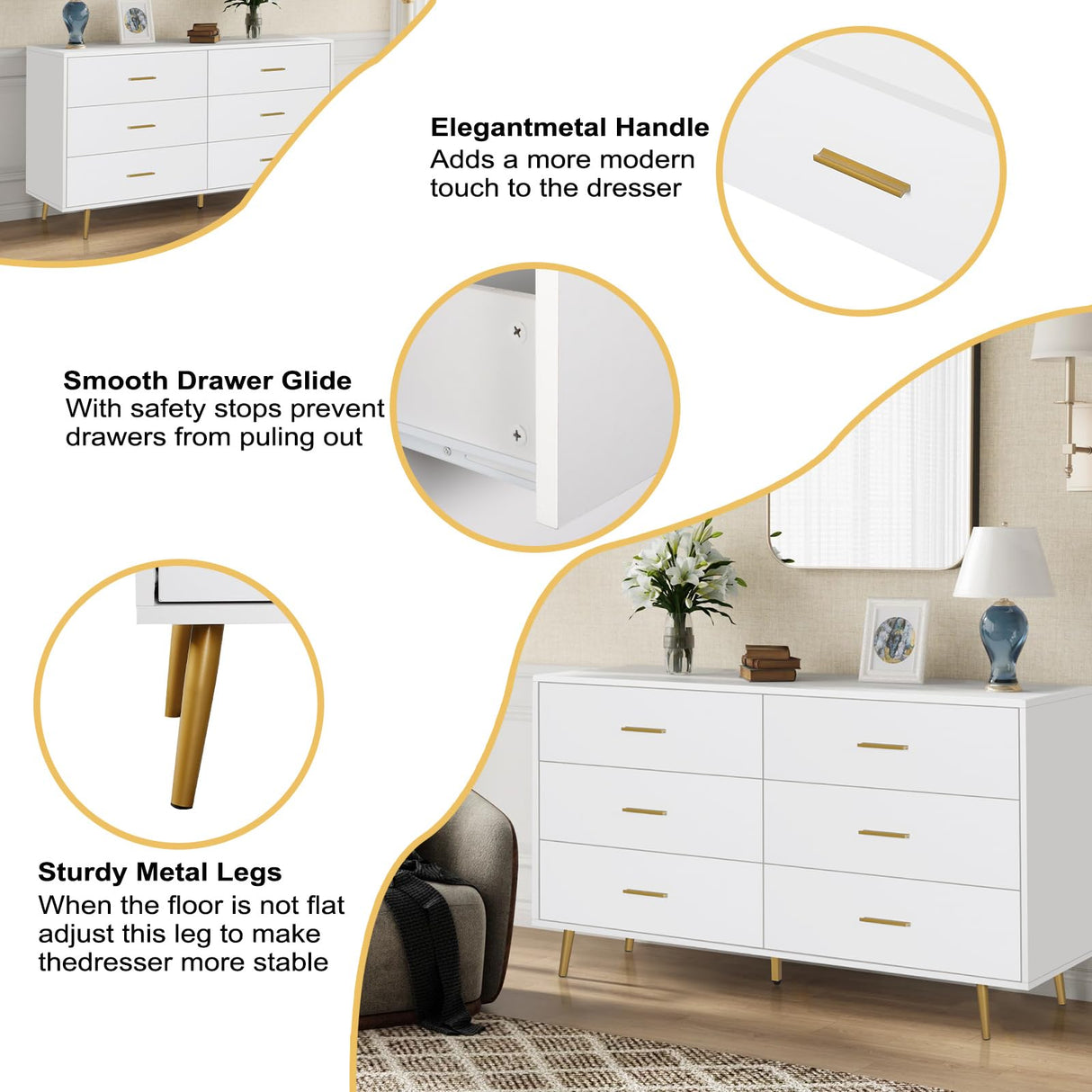 Polar Aurora Wood Dresser for Bedroom,Wood Mid Century Modern Chests of Drawer,6 Drawer Double Dresser with Metal Handles for Bedroom, Hallway, Polar Aurora