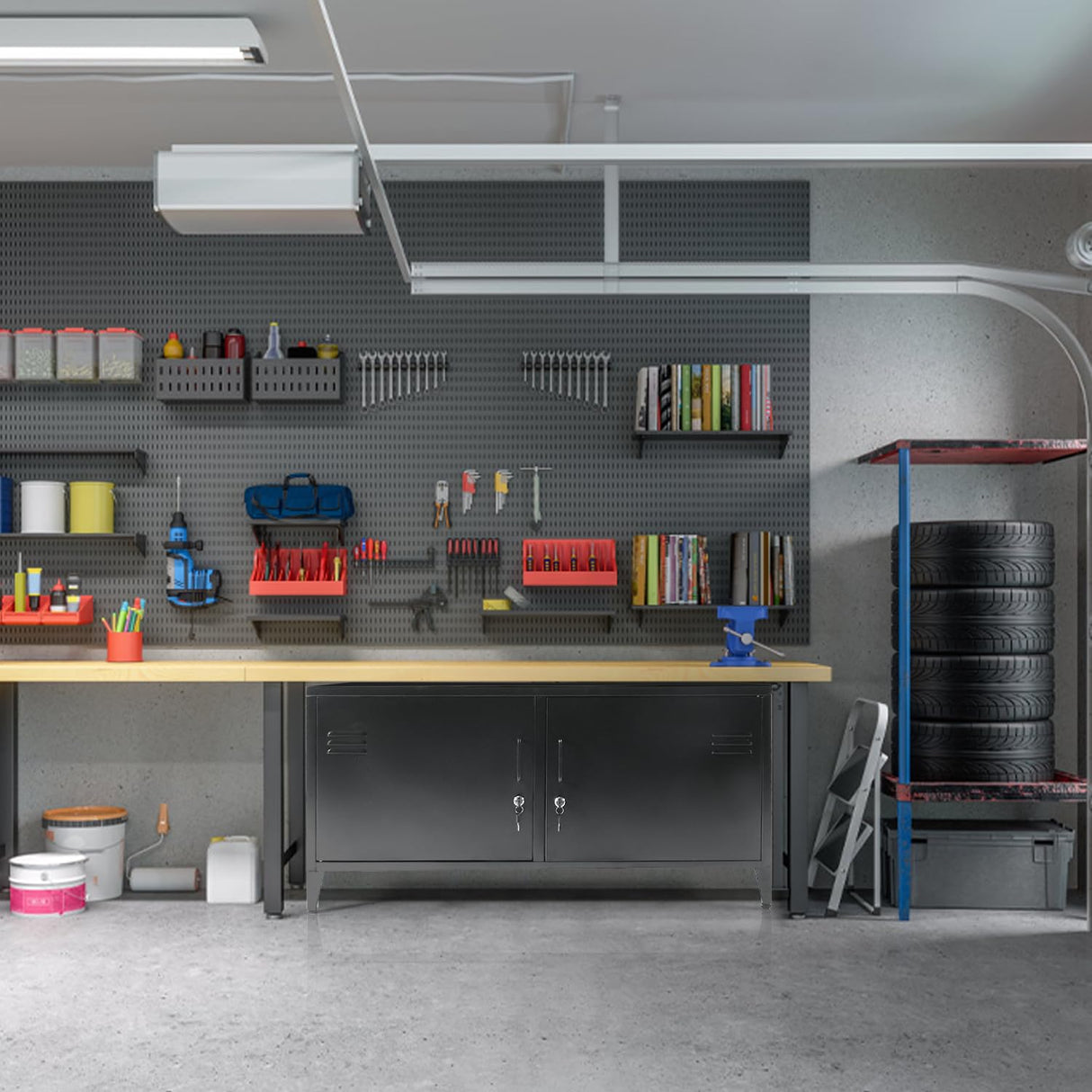 HOPUBUY Metal Storage Cabinet with Lock, Steel Locker Cabinet with Removable Shelves and 2 Locking Doors, Black Storage Cabinets for Home, Garage, HOPUBUY