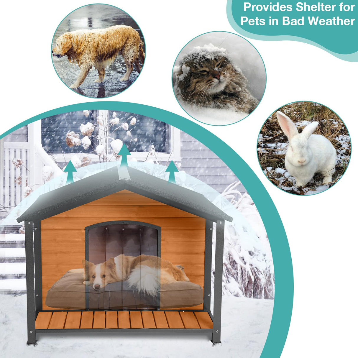 Suumerpety Outdoor Dog House,Weatherproof Wooden Dog Shelter for Small to Medium Sized Dogs,Iron Frame Indoor Outdoor Doghouse,Puppy Kennel,Pets Warm Suumerpety