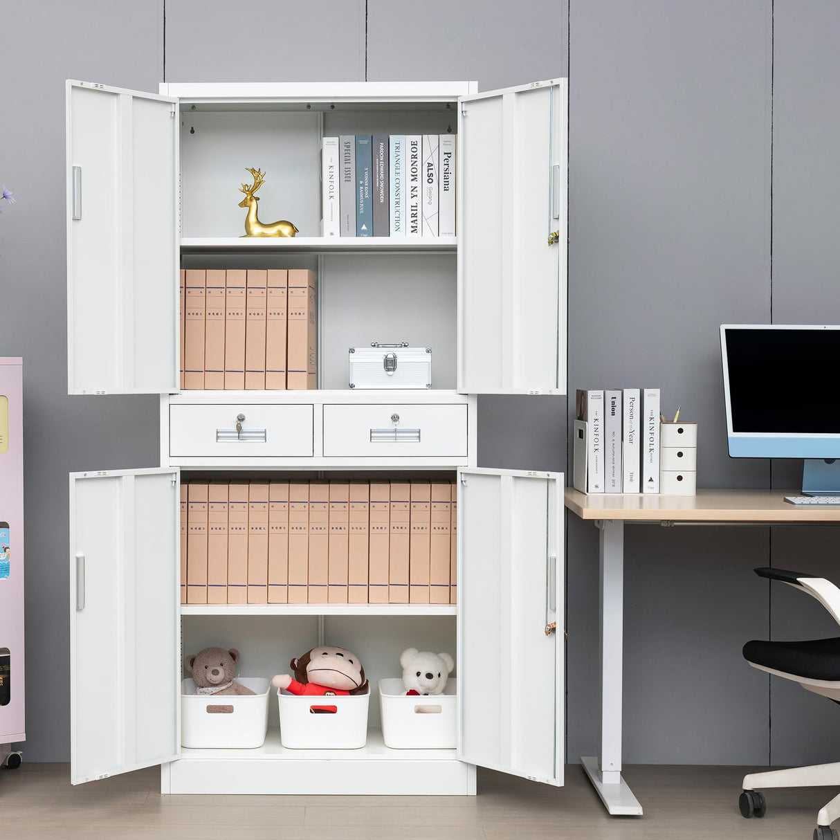 CMY Metal Storage Cabinet, 71" H x 32" W x 16" D Locking Storage Cabinet with Adjustable Shelves and 2 Drawers, Steel Storage Cabinet for Office, CMY