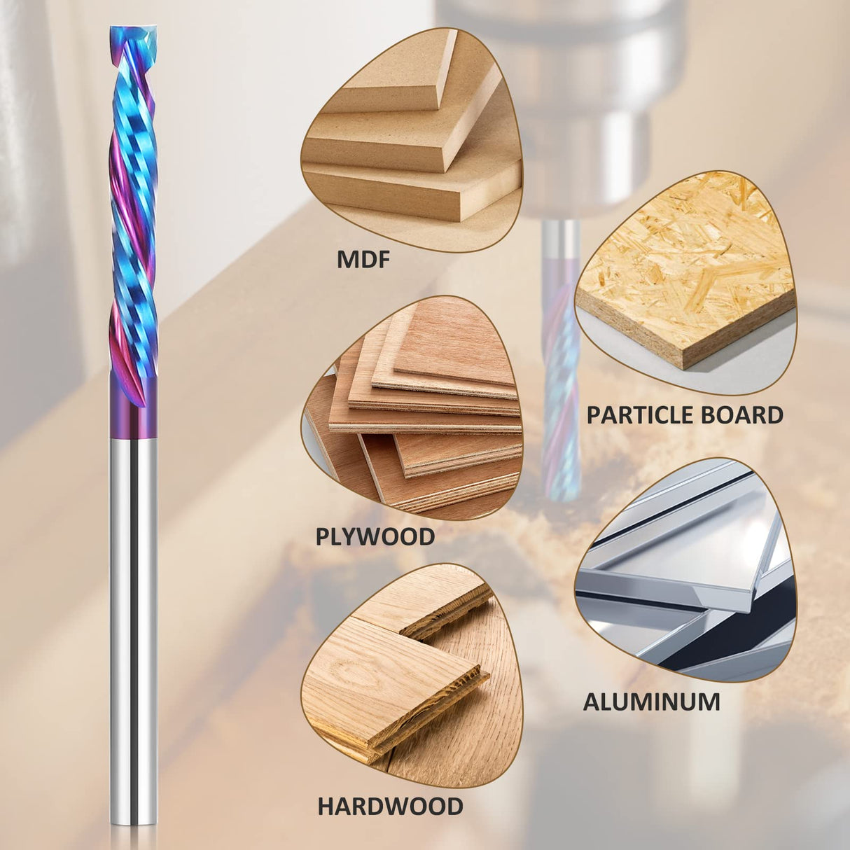 HQMaster Up & Down Cut Bit 1/8" Shank Compression Bit Spiral CNC Router Bits End Mill Tungsten Carbide Milling Cutter Set 5 Pack HQMaster