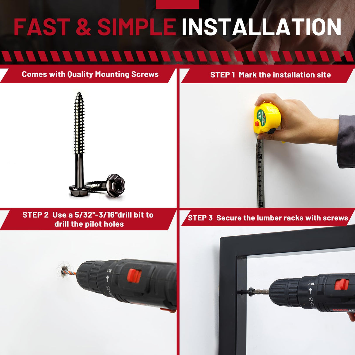 YYR Wood Organizer and Lumber Storage Rack Wall Mount, Heavy Duty Metal Shelf with 4-Level Holds Up 800 LBS, Indoor & Outdoor Use - Black YYR