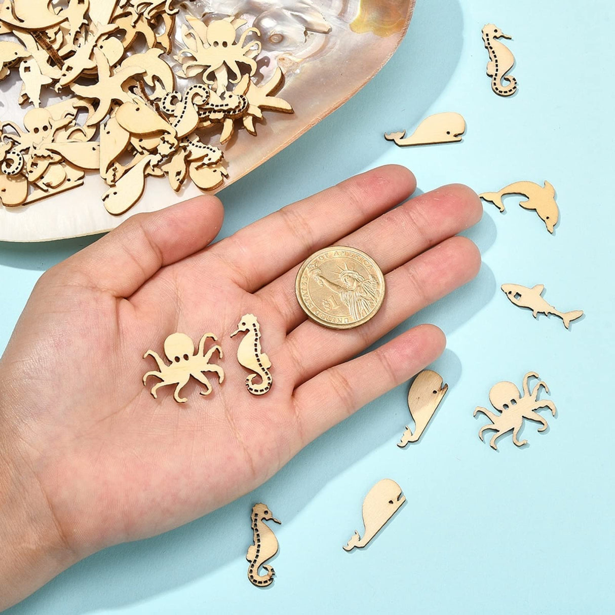 Stiesy 100 Pcs Assorted Sea Animal Theme Wood Cabochons Shark Agarfish Dolphin Seahorse Octopus Clownfish Unfinished Wooden Cutouts Slice Pieces Stiesy