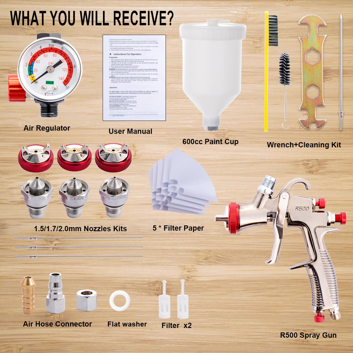 LVLP Spray Gun R500 with 1.3/1.5/1.7/2.0mm Nozzles,Air Regulator and 5 pcs Paint Filters,Automotive Air Paint Sprayer Gun for Painting Car,Furniture DAXINYANG