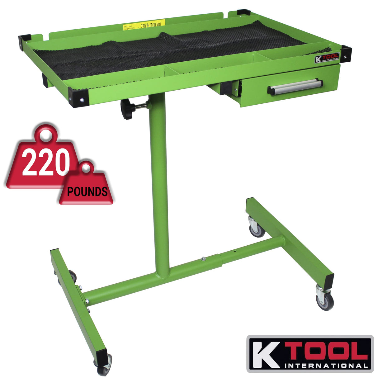 K Tool International 75108 Adjustable Tear Down Work Table with Drawer for Garages, Repair Shops, and DIY, Portable, (4) 2" Swivel Casters, 220 Pound K Tool International