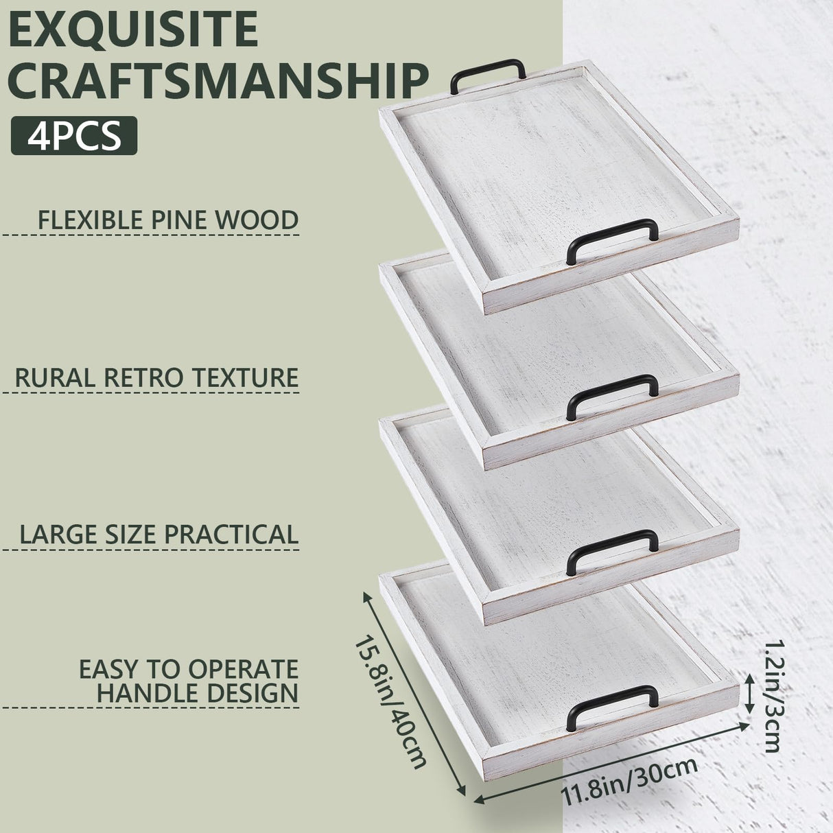 Lallisa 4 Pcs Large Rustic Wooden Serving Tray Rectangular Ottoman Tray with Handles Wood Tray Decorative Serving Trays Platter for Party Coffee Lallisa