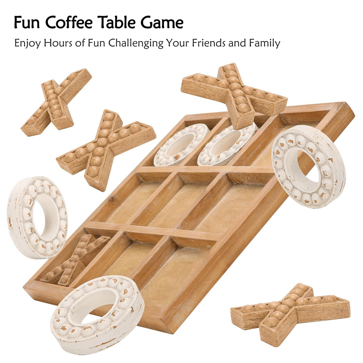 NIKKY HOME Tic Tac Toe Wood Board Game for Kids Family, 10.6 Inch Rustic Wooden Coffee Table Decor, Wood & White NIKKY HOME