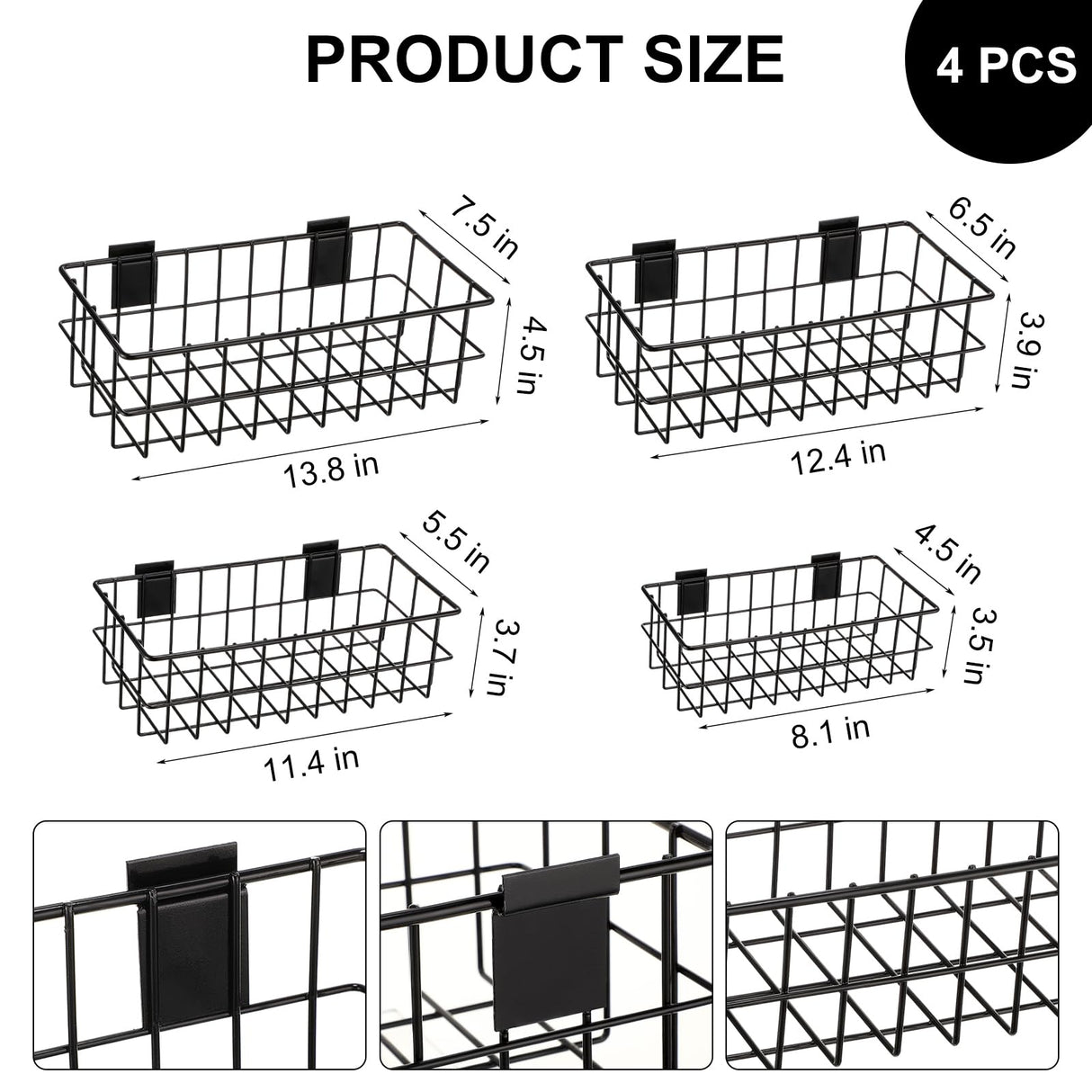Yaocom 94 Pcs Slatwall Accessory 4 Metal Slatwall Baskets 90 Slatwall Hooks 4'' 6'' 8'' Slat Wall Hooks Hanging Storage Baskets for Shops Rooms Yaocom