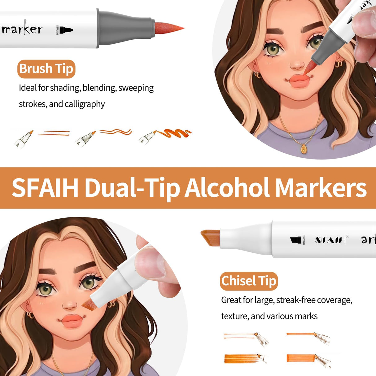 Skin Tone Alcohol Marker Set - 25 Dual-Tipped Brushes for Art, Drawing, and Coloring - Fast-Drying, Blendable Ink Marks on Paper, Plastic, Metal, and SFAIH