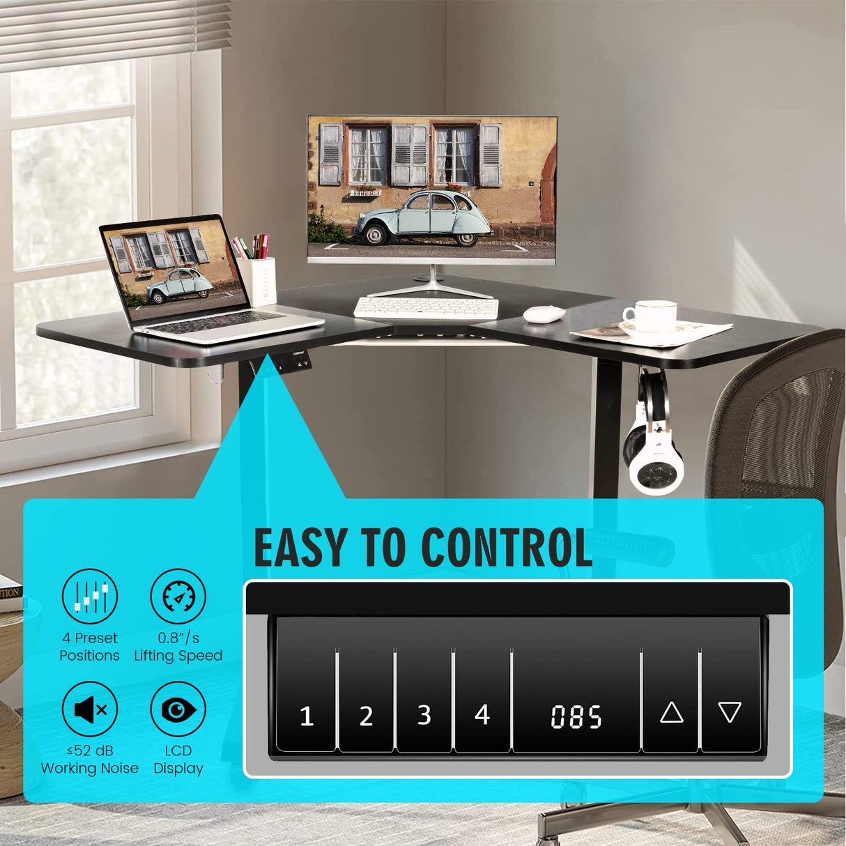 COSTWAY L Shaped Electric Adjustable Desk, L-Shaped Standing Computer Desk w/Splice Tabletop, 2 Hooks & Rolling Casters, Sit-Stand Corner Desk w/ 4 COSTWAY