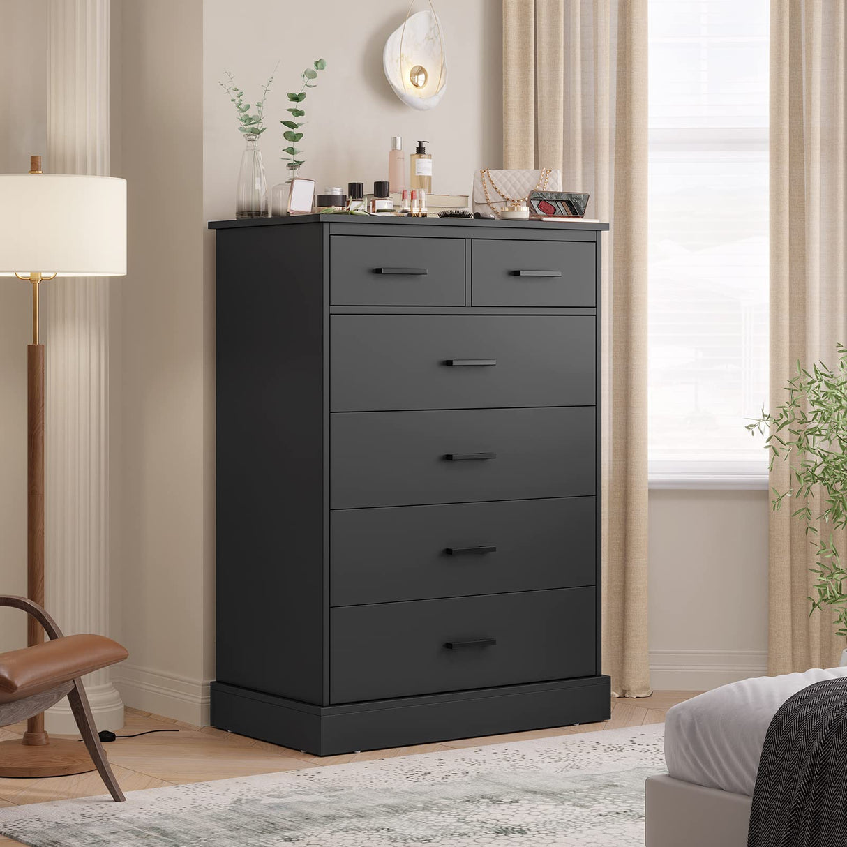 Hasuit Black Dresser for Bedroom, 6 Drawers Dresser Wood Storage Tower Clothes Organizer, Chest of 6 Drawers, Large Capacity Storage Cabinet, Tall Hasuit