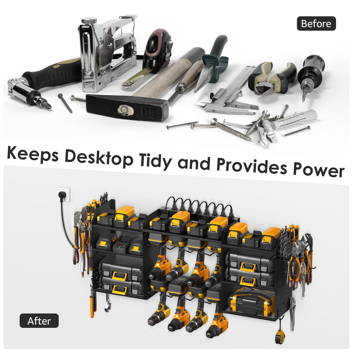 CCCEI Black Tools Organizer Wall Mount Charging Station, Power Tool Battery Storage Rack Built-in Power Strip. 8 Drill Holder, All Metal, Garage CCCEI