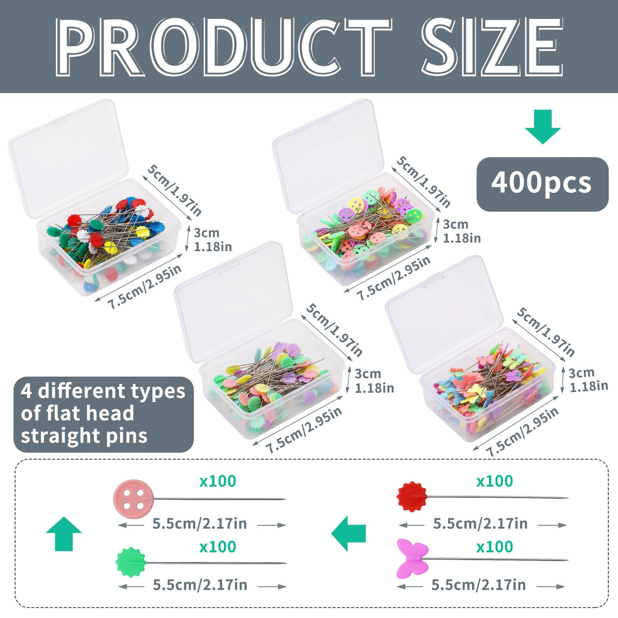 404Pcs Flat Head Straight Pins Kits, Sewing Flat Head Pins Set, Colored Head Sewing Pins Quilting Pins with Storage Box for DIY Handicraft Marking FTEVEN