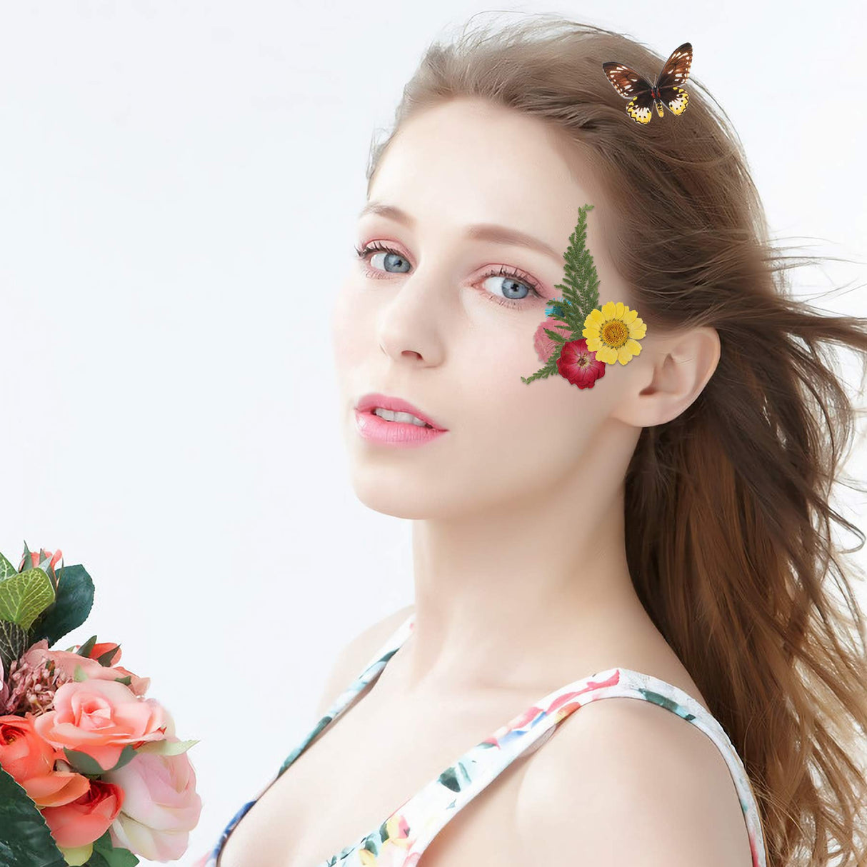 Real Dried Pressed Flower Set with Butterfly Transparent Stickers Scrapbook Decals Natural Dried Flowers Leaves with Tweezers for Resin Supplies DIY Augshy