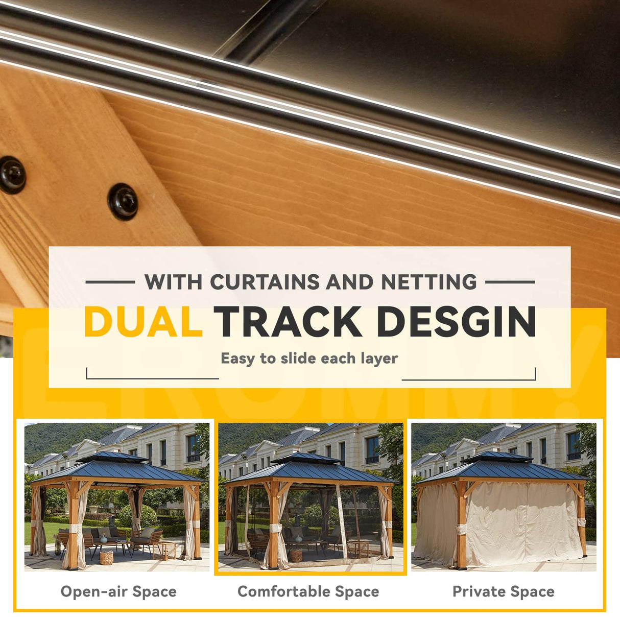 EROMMY 11'x13' Wood Gazebo, Outdoor Hardtop Gazebo Pavilion with Netting and Curtains, Spruce Wooden Frame Double Roof Metal Canopy for Patio EROMMY