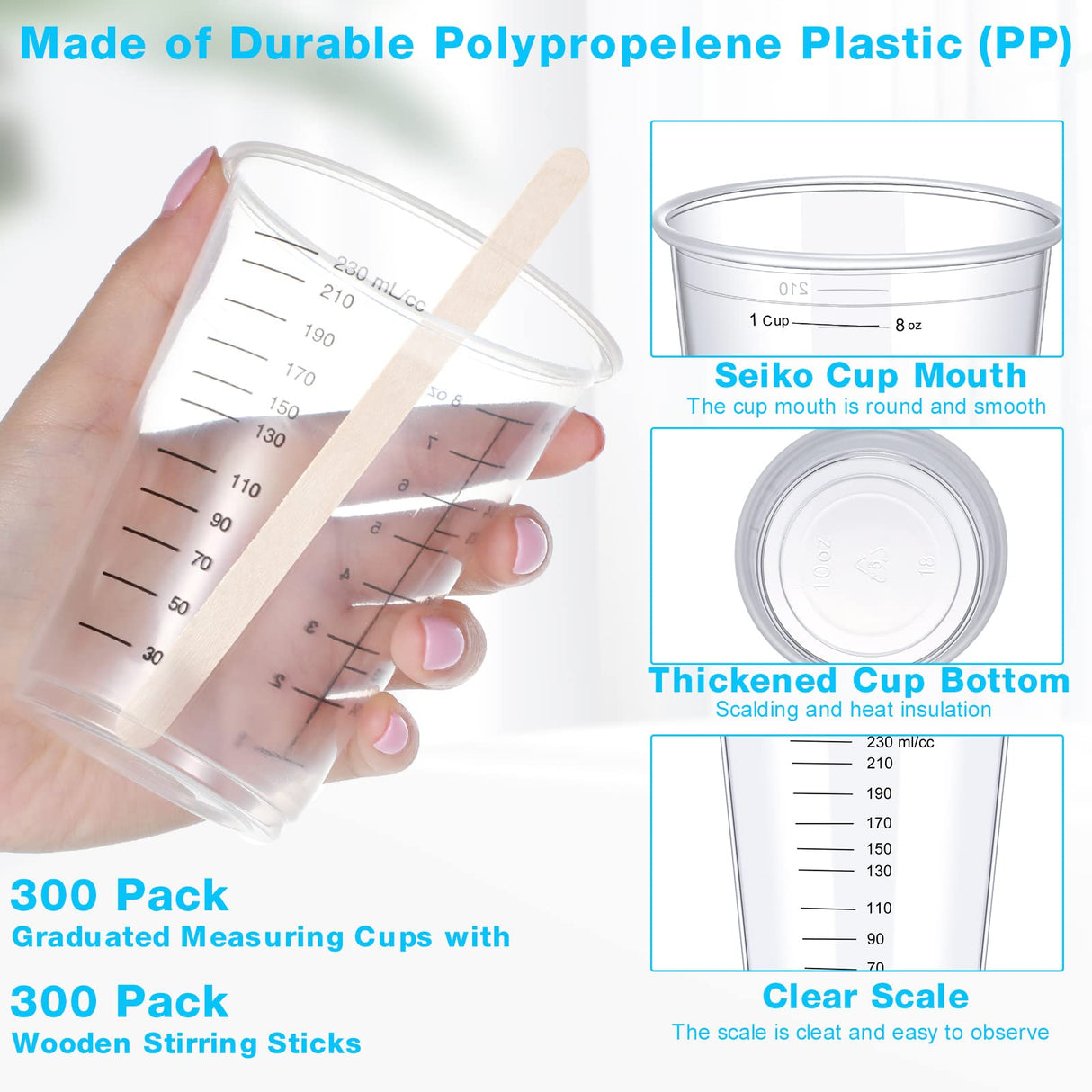 300 Pack 8 oz Disposable Measuring Cups Clear Plastic Measuring Cups with 300 Wooden Mixing Sticks Resin Mixing Cup Liquid Measuring Cups for Epoxy Gerrii