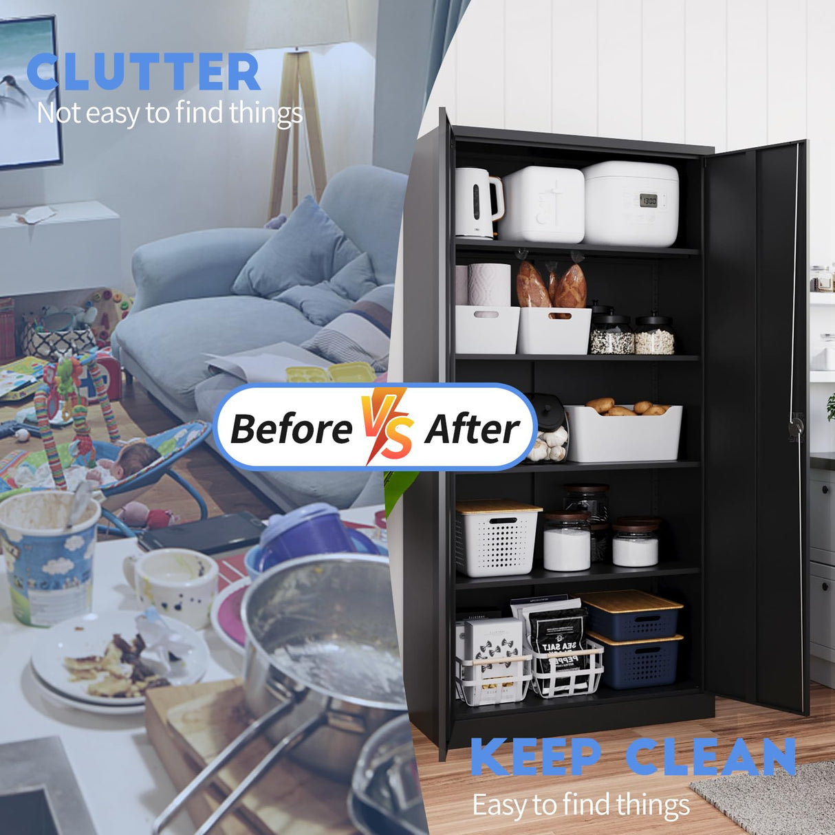 Yizosh Metal Garage Storage Cabinet with Lock, 71" Locking Tool Cabinet with 2 Doors and 5 Shelves, Tall Steel Cabinet for Garage, Heavy Duty File Yizosh