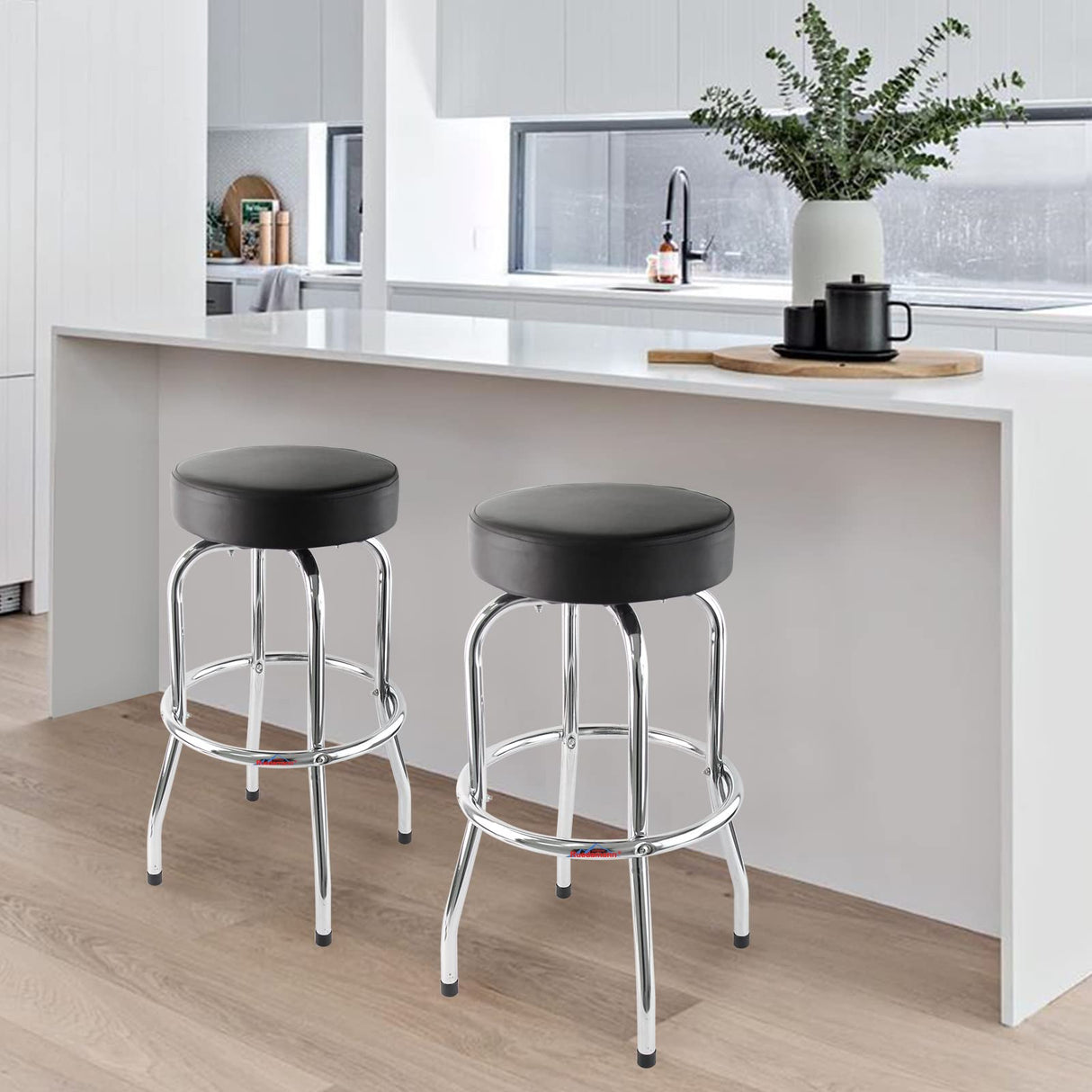 Ruedamann 29" H Iron Backless Swivel Bar Stool,Holds Up to 300 lbs,Shop Stool with Black Leatherette Padded Chrome Frame, Black Ruedamann