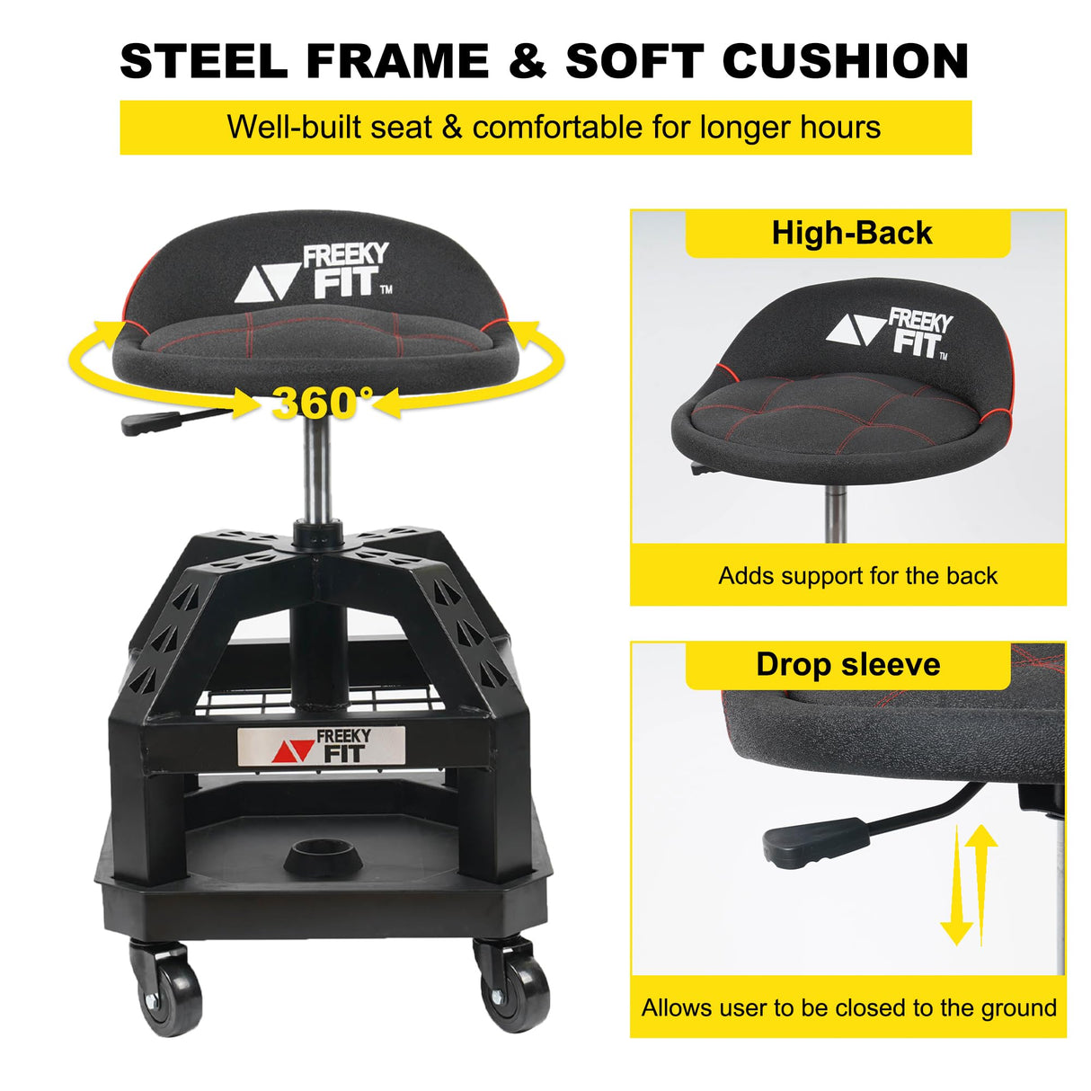 FreekyFit Rolling Shop Stool for Garage with Casters, DO02-Adjustable Height 360° Swivel Shop Seat with Tool Tray Storage, 330 LBS Capacity Padded FreekyFit