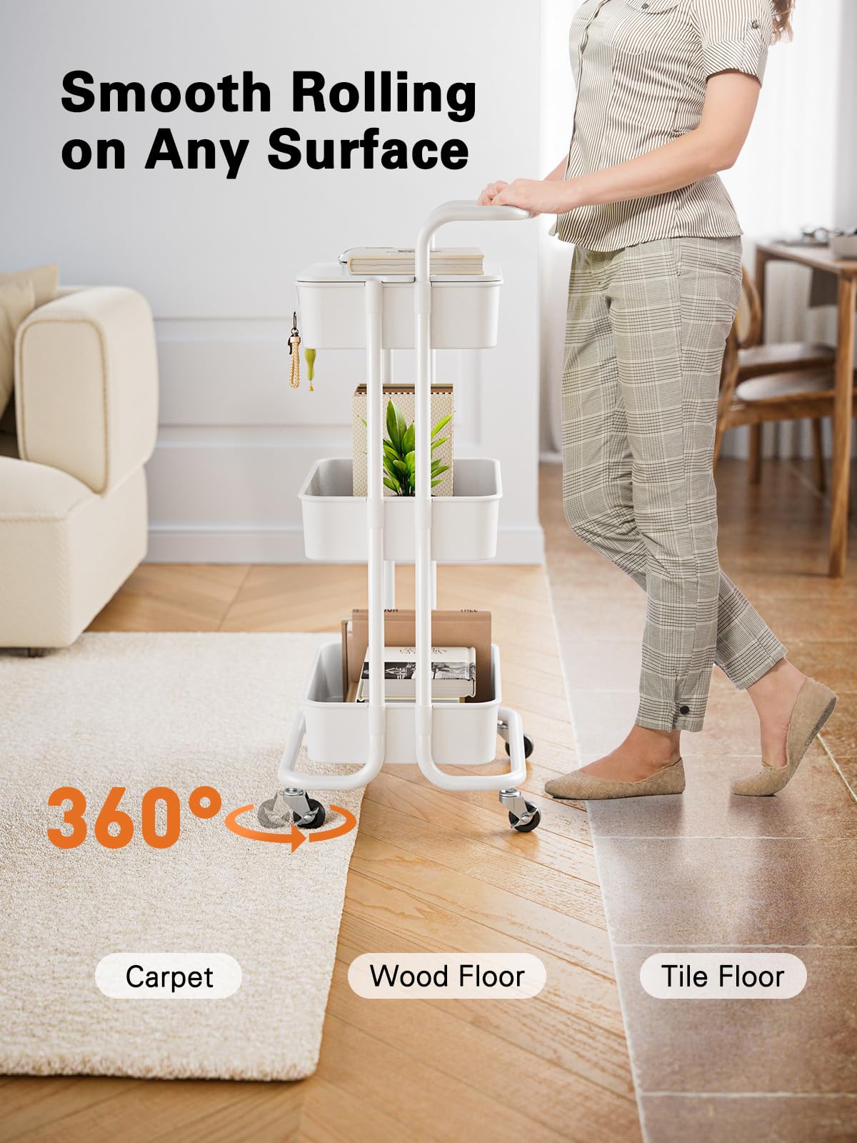 Pipishell 3 Tier Rolling Cart with Table Top, Utility Cart with Wheels & 4 Hooks, Rolling Storage Cart for Home Storage and Organization, White, Pipishell
