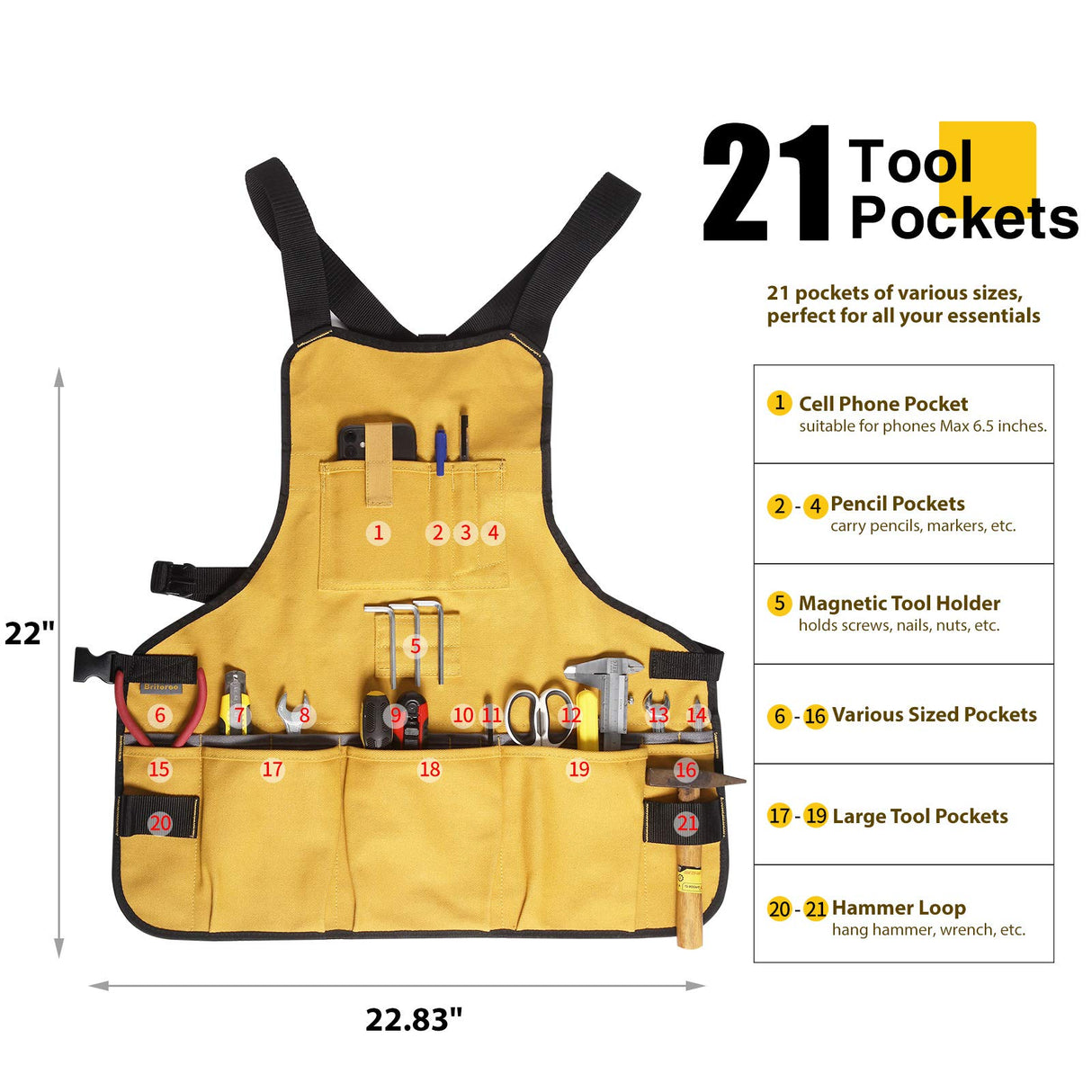Briteree Work Tool Apron for Men and Women, Torso Length with 21 Tool Pockets, Durable Canvas Apron, DIY Enthusiasts Briteree