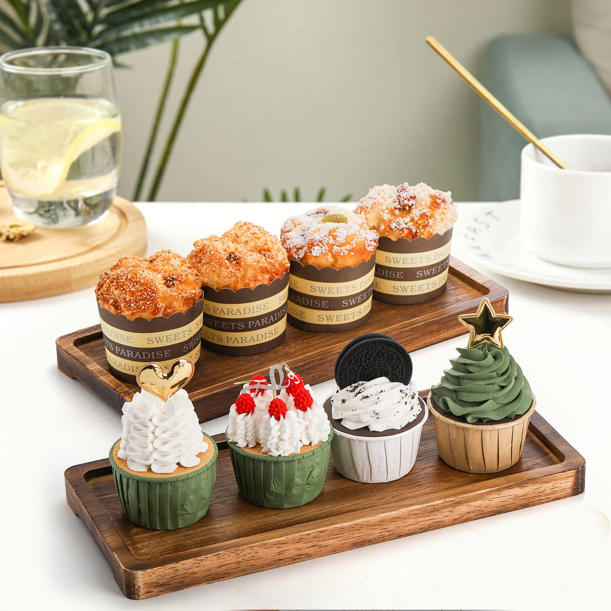 SOUJOY Set of 4 Wood Serving Tray, Oak Platter for Food, 12'', 14.5'' Rectangular Charcuterie Board with Edge for Home Decor, Dessert, Vegetables, SOUJOY