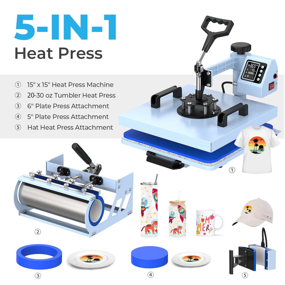 Pro 15x15 Heat Press with 30 OZ Tumbler Attachment, 5in1 Combo Tumbler Heat Press for T-Shirts, Tumblers Glass Cans Mugs Hats, and Plates EnjoyColor