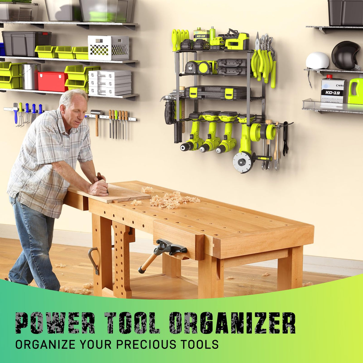 SUNALLY Power Tool Organizer, 4 Drill Holder Wall Mount, Garage Tool Organizer and Storage with Screwdriver Holder, Garage Organization, 4 Layer SUNALLY