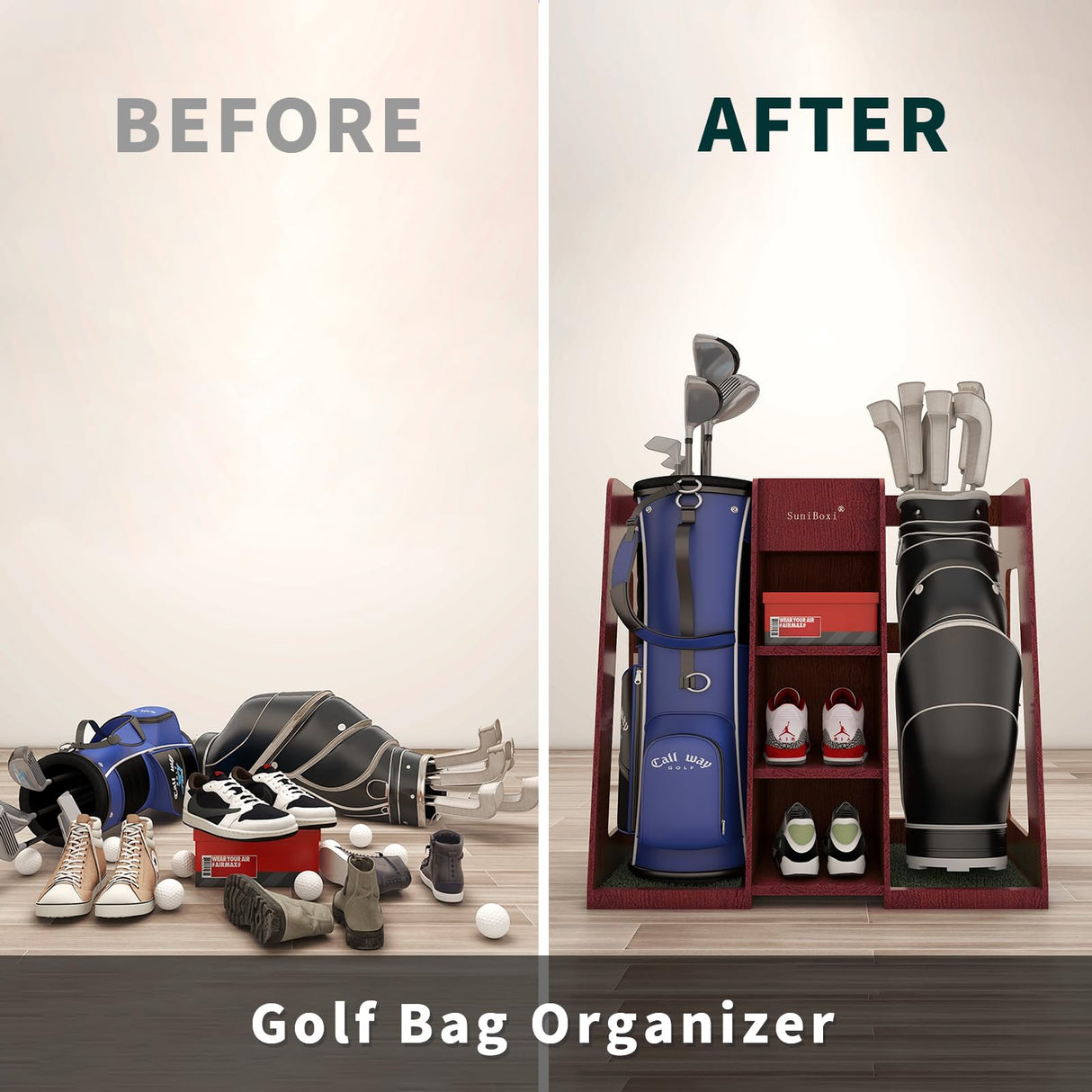 SuniBoxi Golf Bag Organizer, Premium Wooden Golf Storage Rack, Stylish Heavy-Duty Golf Bag Storage Rack for Garage, Indoor Spaces, Basements, and SuniBoxi