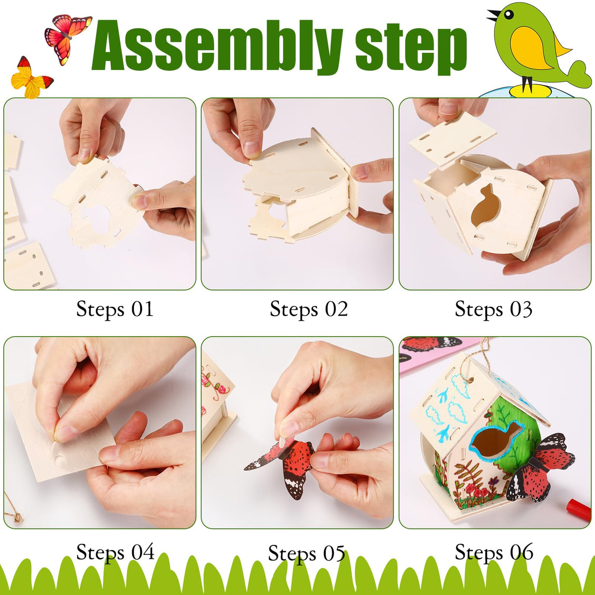 Outus 12 Pcs Wooden Birdhouse Craft Kits to Build, 4 Shapes Wooden Unfinished Bird House with Watercolor Pen and Butterfly Sticker for Boy and Girl Outus