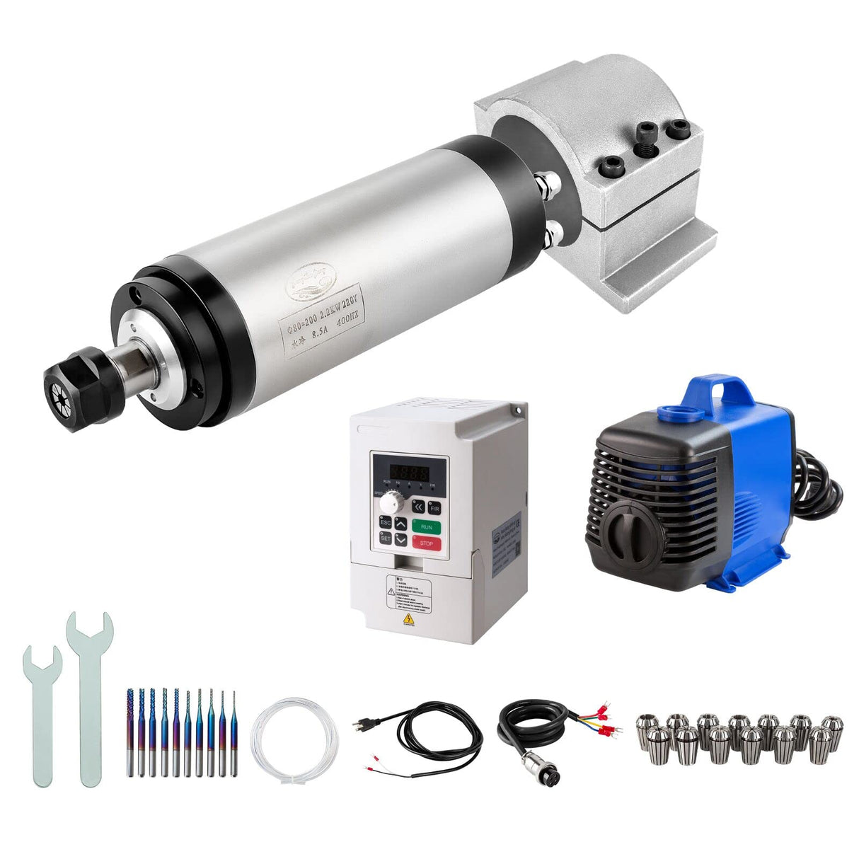 CNC Spindle Motor Kits, 220V 2.2KW 80mm Water Cooled Spindle Motor CNC motor +220V 2.2KW VFD+Clamp Mount +Water Pump+ Water pipe+ER20 Collet set + Zhong Hua Jiang