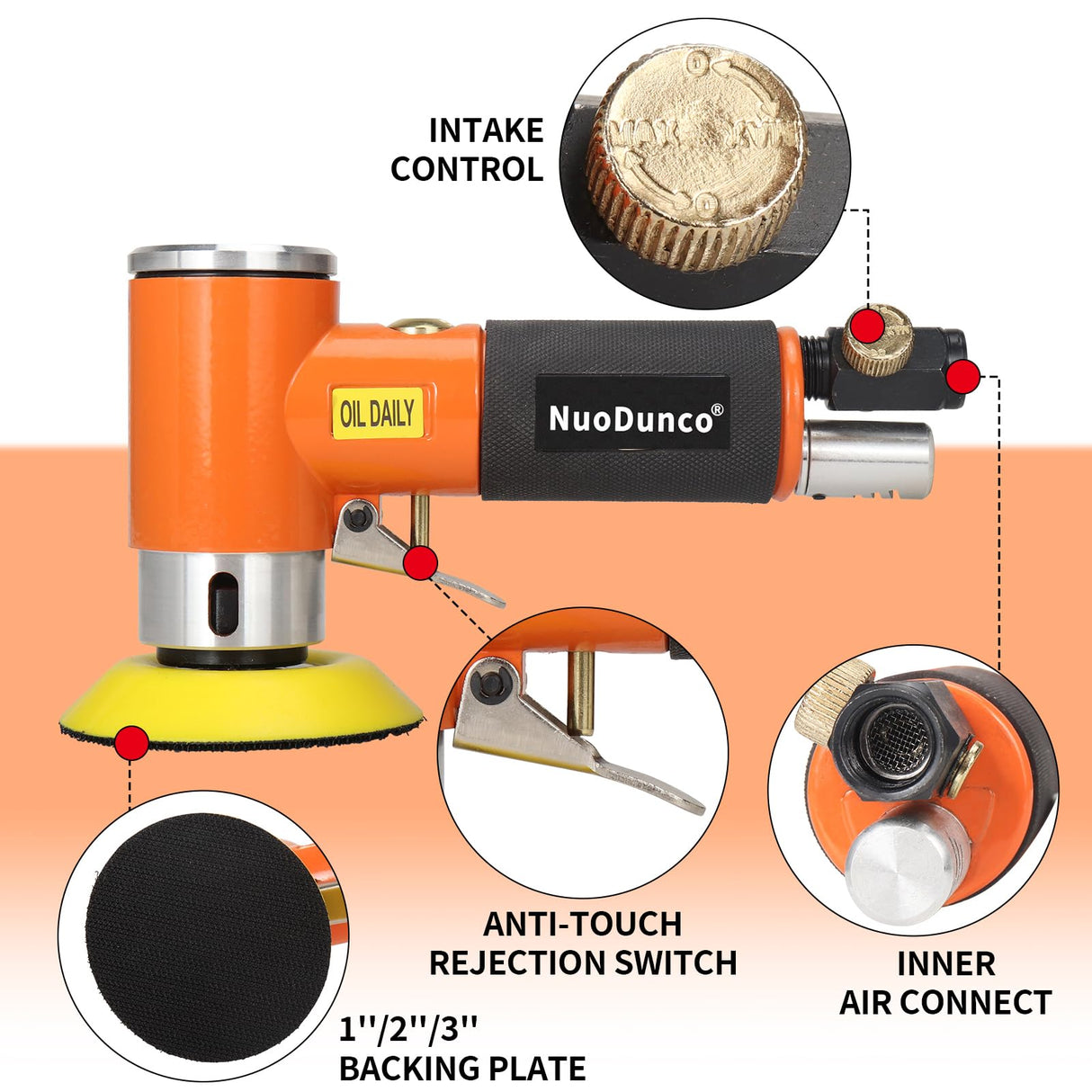 NuoDunco 1/2/3 Inch Mini Random Orbital Air Sander Kit Industrial Grade Pneumatic Sander for Auto Body Work with 60 Pcs 1"2"3" Hook & Loop Sanding NuoDunco