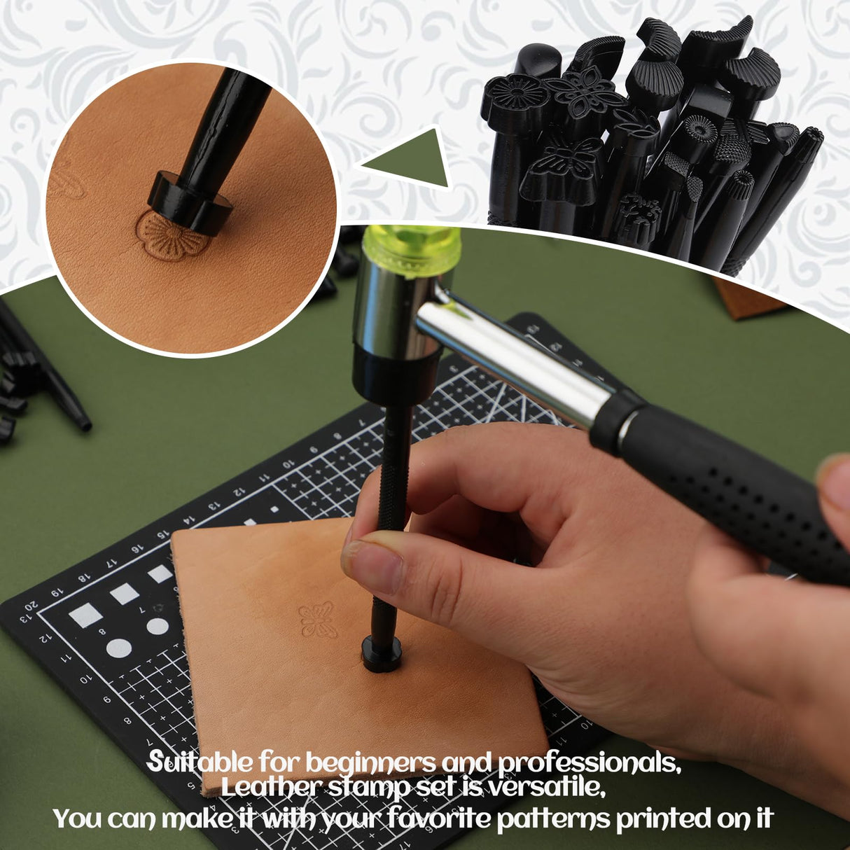 QMNNMA Leather Stamping Tools, Saddle Making Stamp Punch Set with Leather Scriber Pen, Leather Working Hammer and Tracing Paper, for Leather Carving QMNNMA