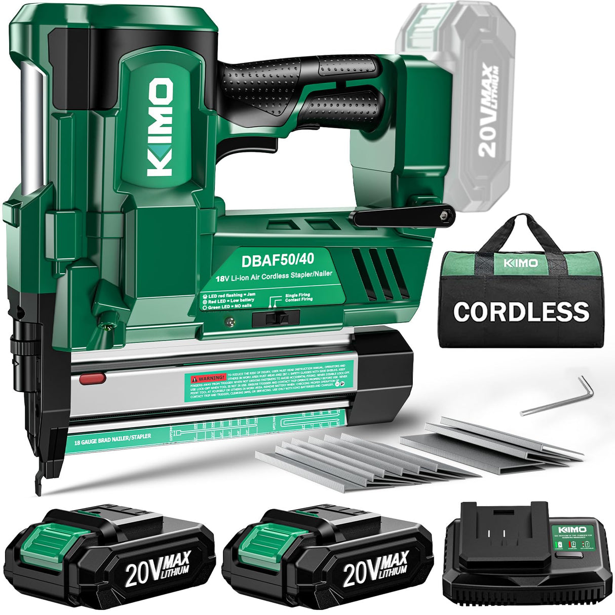 KIMO 18 Gauge Nail Gun Battery Powered w/ 2 X 2.0 Battery & Charger, 2 in 1 Cordless Brad Nailer/Electric Stapler, Adjustable Depth, 1000pcs Nails, K I M O.