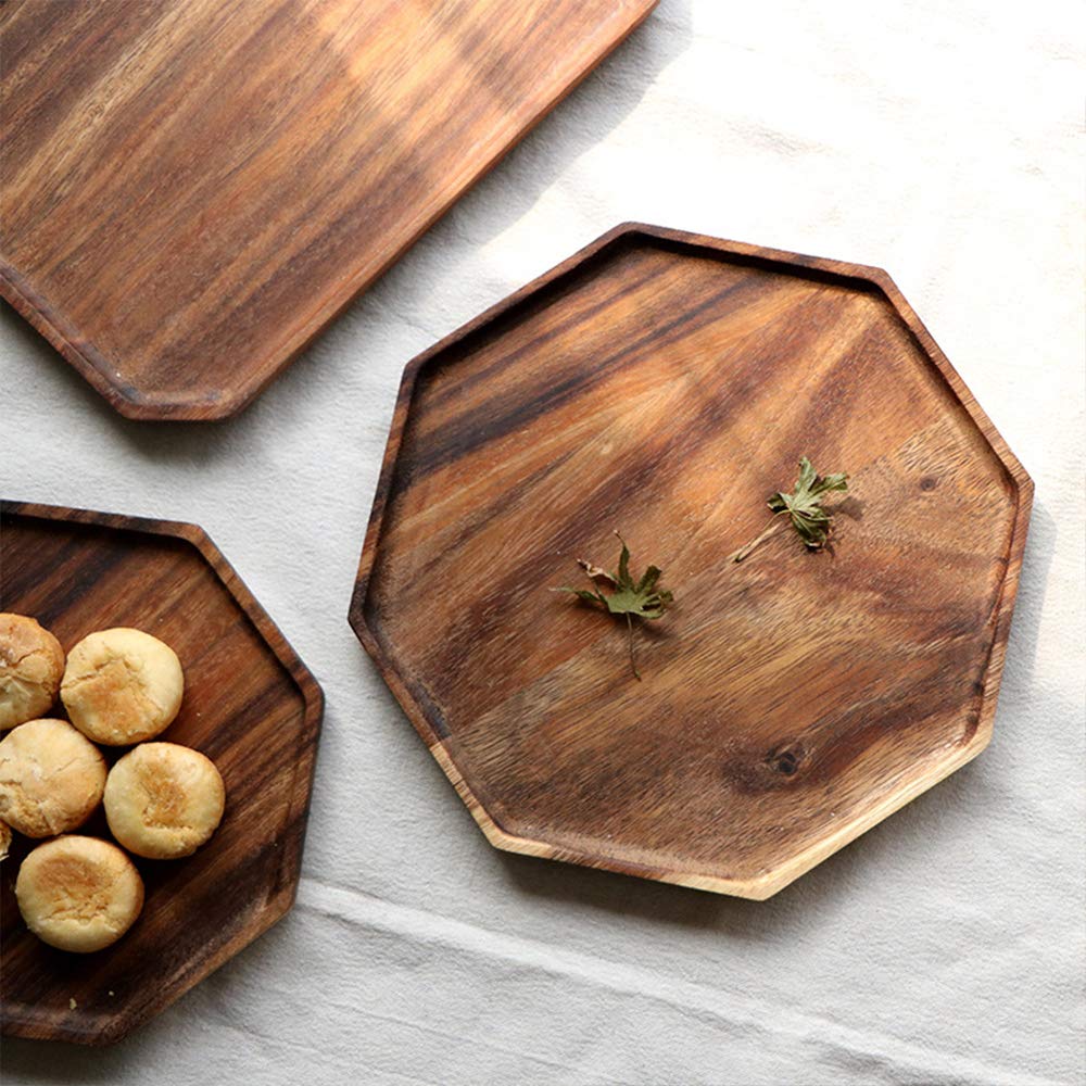Set of 2 Acacia Wooden Trays Serving Platters Octagon Square Serving Tray Bread Charcuterie Board for Fruit Salad Cheese Platter Vegetable Food Dish Renawe