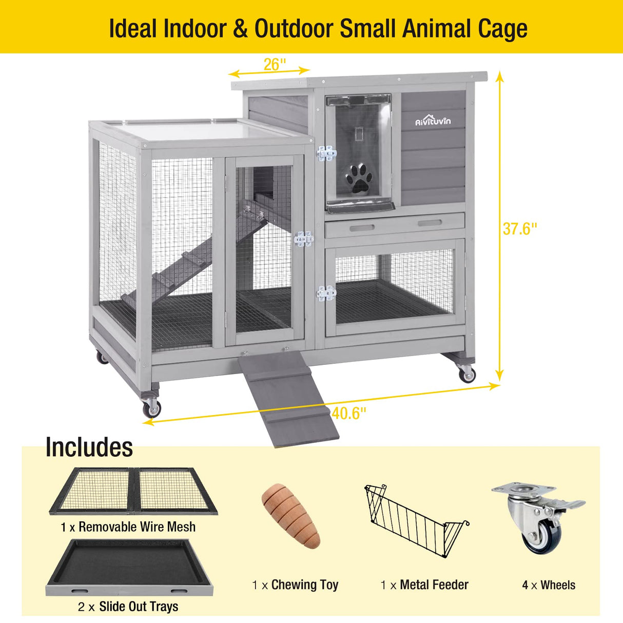 Aivituvin Wooden Bunny Hutch Indoor- Outdoor Rabbit Guinea Pig Cage for Small Animals with Exclusive Two Trays & Bottom Wire Mesh (Grey) Aivituvin