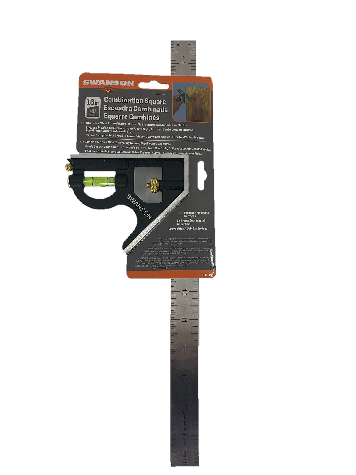 Swanson Tool Co TC134 16 inch Combo Square (Cast Zinc Body, Stainless Steel Rule, Inches/Metric Marks and Brass Bolt) Swanson Tool Co., Inc