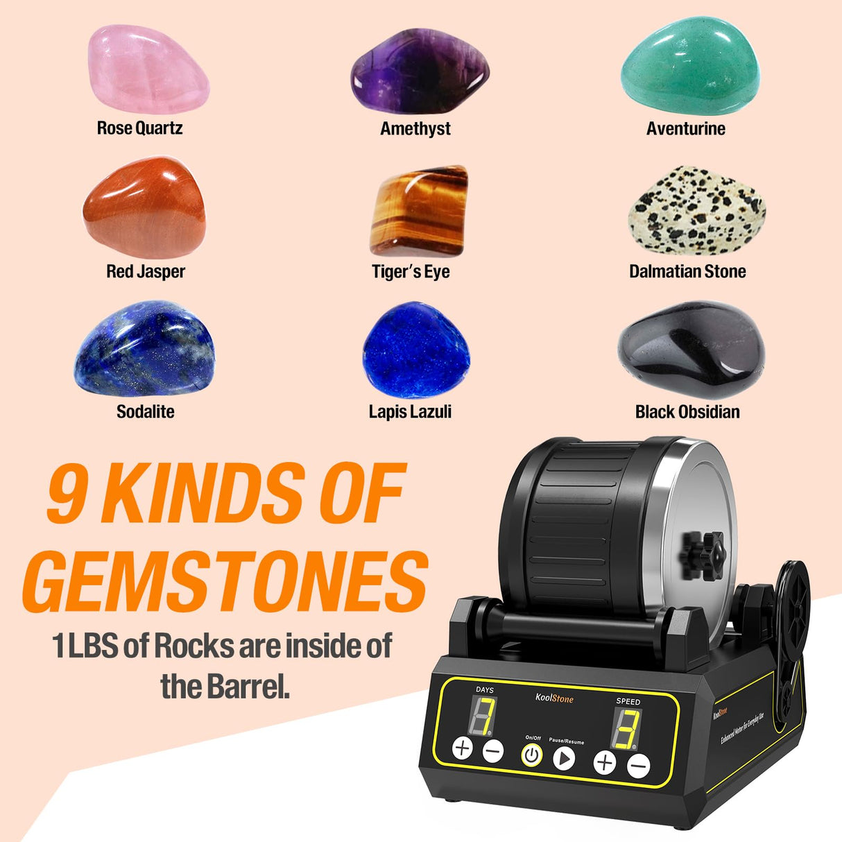 Large 2.5LB Professional Rock Tumbler Kit, 3-Speed Motor & 9-Day Timer, Rubber Barrel, Quiet Rotary Stone Polisher with 6 Belts, Rough Gemstones, 4 KoolStone