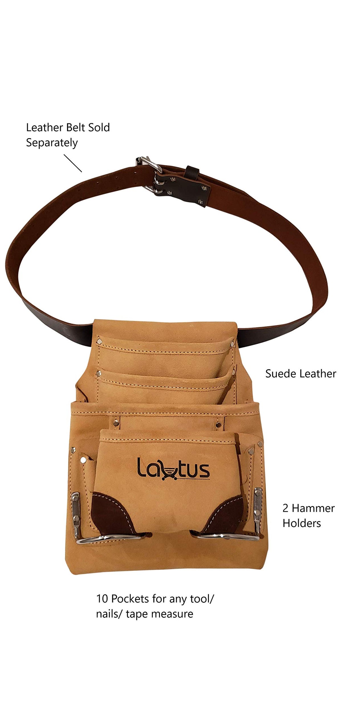 LAUTUS Leather Tool Pouch Bag |Carpenter, Construction, Framers, Handyman |2 Hammer Holders, 10 Pockets| LAUTUS
