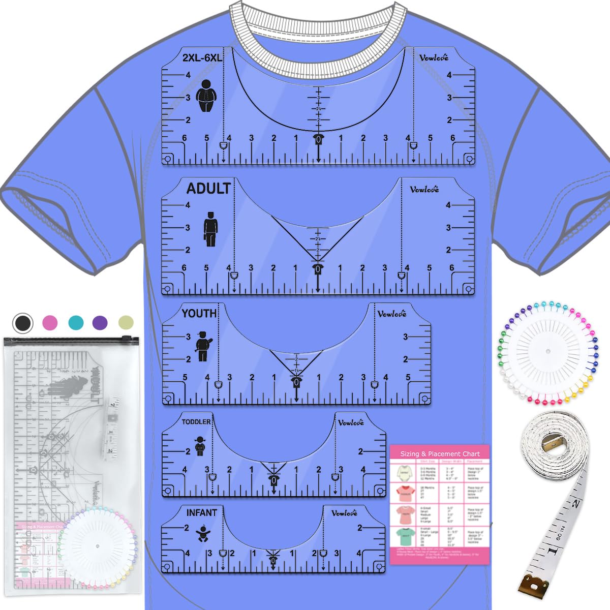 ROSALIX Tshirt Ruler Guide for Vinyl Alignment 12 peices, Color Pencils,  Tape Measure and Pins Set Included, : : Home